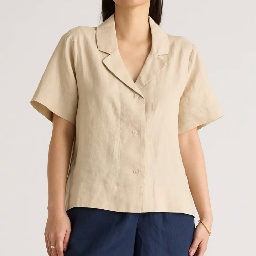 Tan Boxy Short Sleeve Button Down Shirt